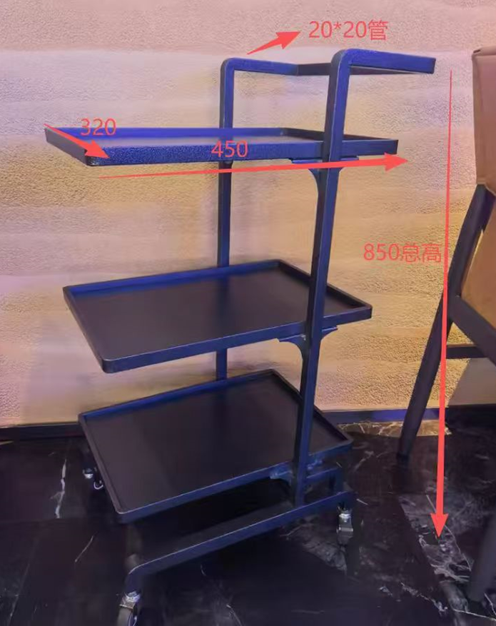 铁艺三层黑色皱纹漆置物推车 高850mm 450×320